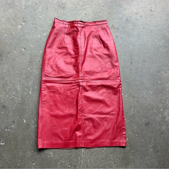 Vintage Dresses & Skirts - Vintage Red Leather Midi Pencil Skirt Made in USA Size 11/12